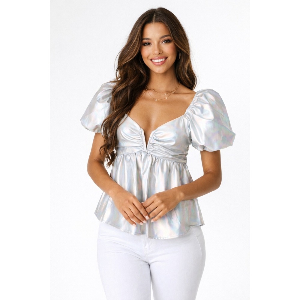 Revolve Buddy Love Houston Top M Iridescent Silver Puff Sleeve Babydoll Y2K - Picture 1 of 10